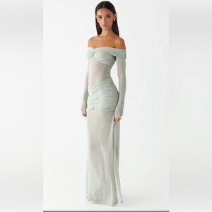 NWT-Peppermayo Sage Green Off Shoulder Maxi Dress Ruched Formal